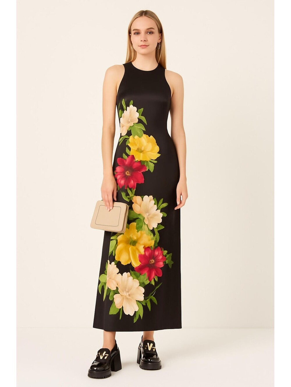 Adrianna Papell Floral Printed Satin Sleeveless Midi Dress Black sz 14 Cocktail